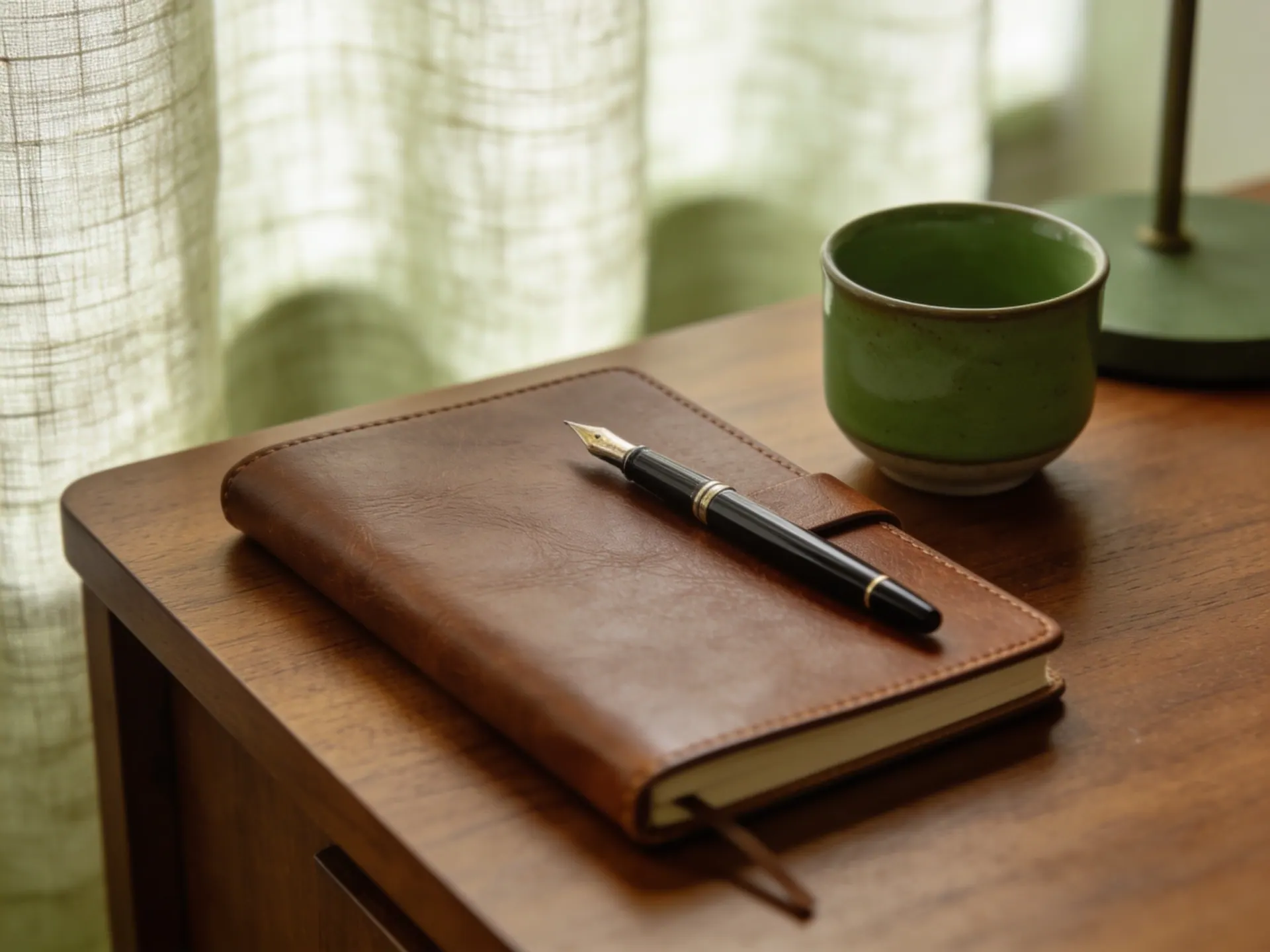 Caderno de couro com caneta-tinteiro e uma xícara verde sobre uma mesa de madeira