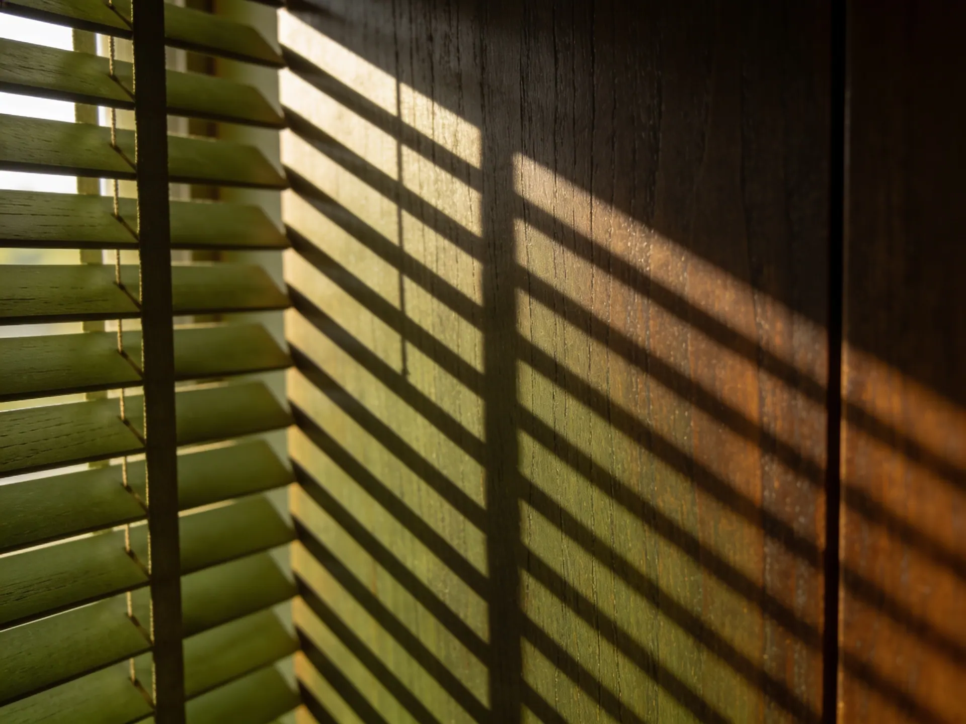Sombras de veneziana de madeira sobre uma superfície de madeira escura ao fim da tarde