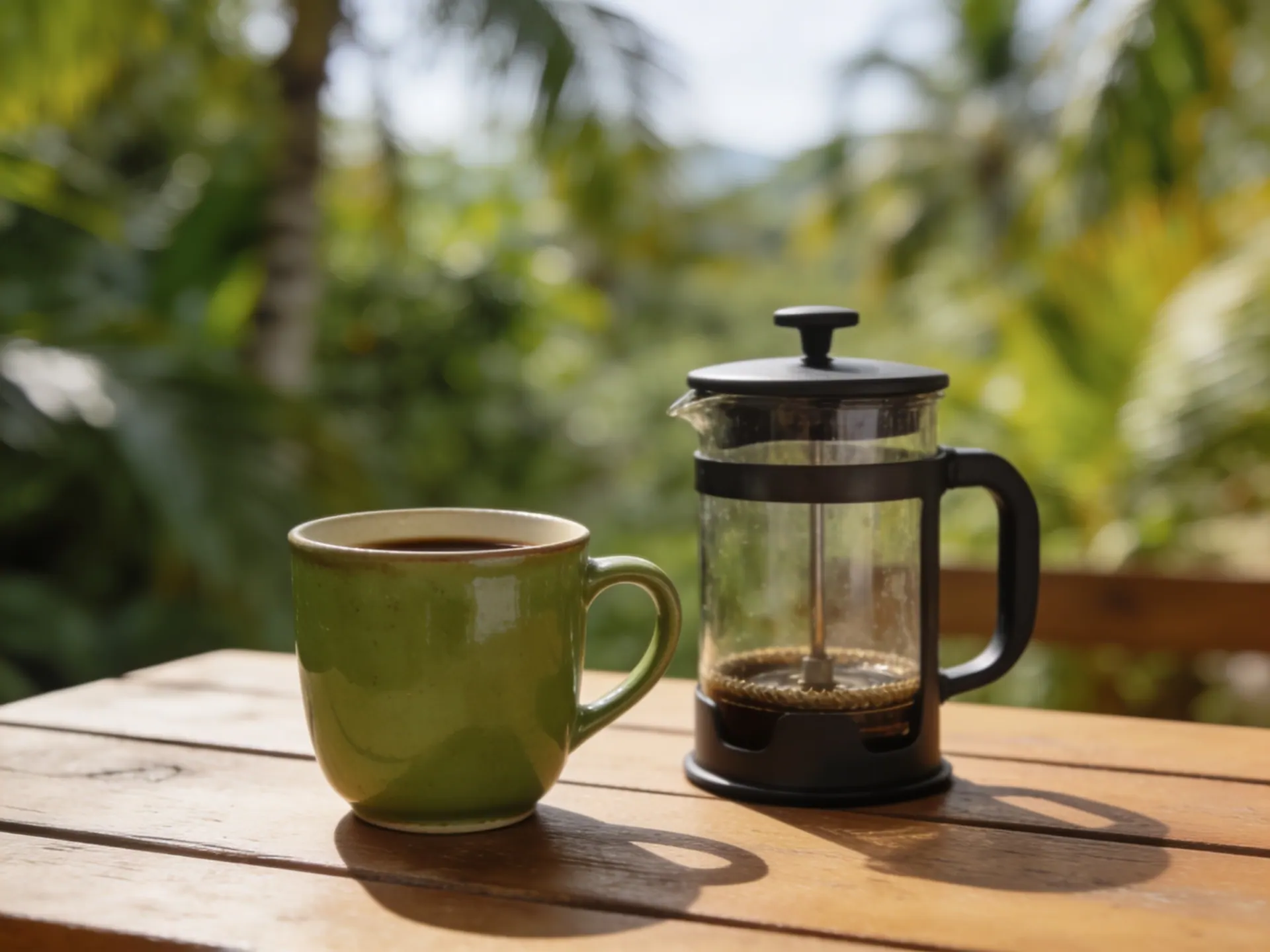 Xícara de café e cafeteira de êmbolo sobre uma mesa de madeira ao ar livre, com folhagem ao fundo