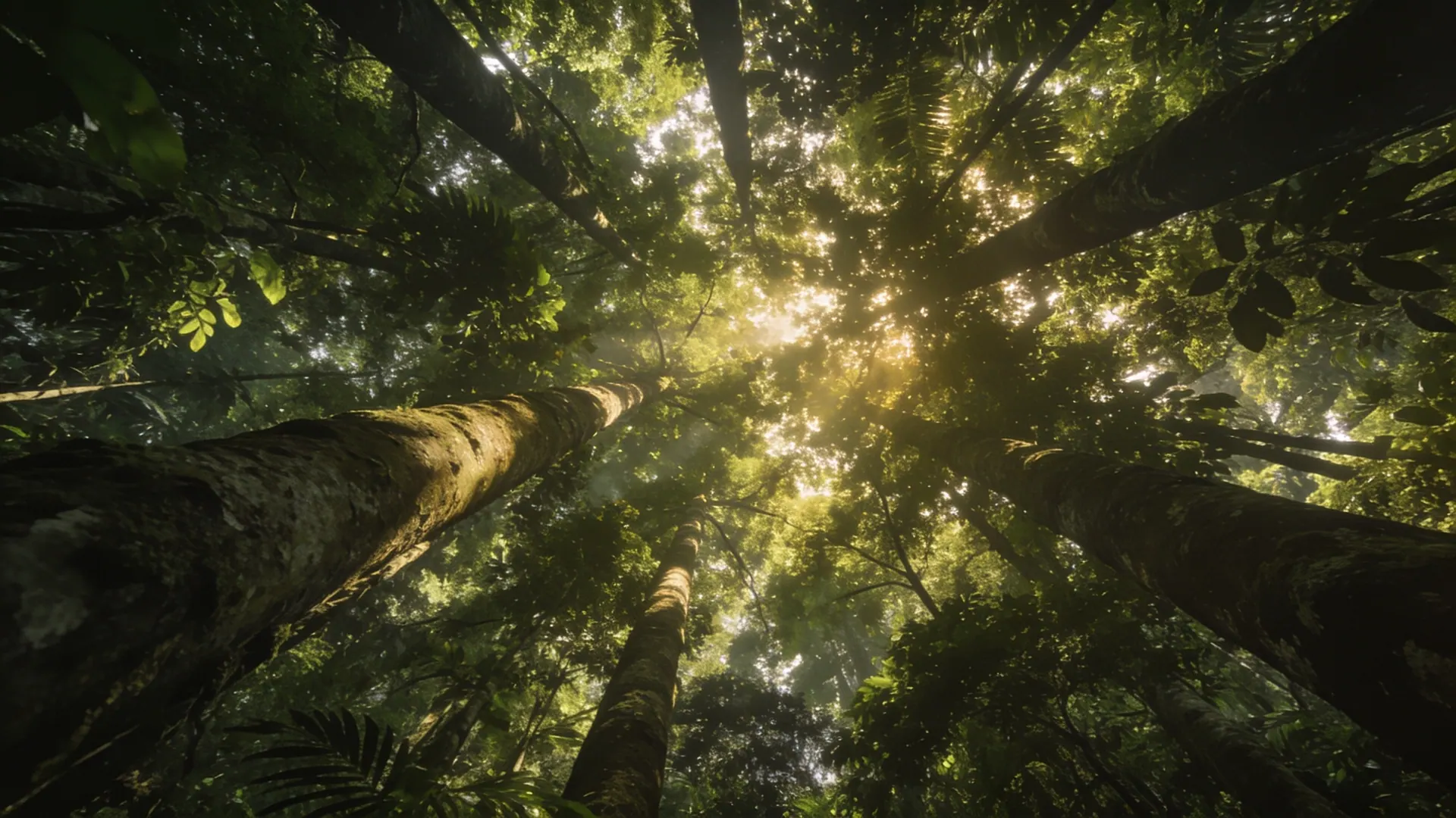 Copa da mata vista de baixo, troncos altos convergindo e luz entre as folhas