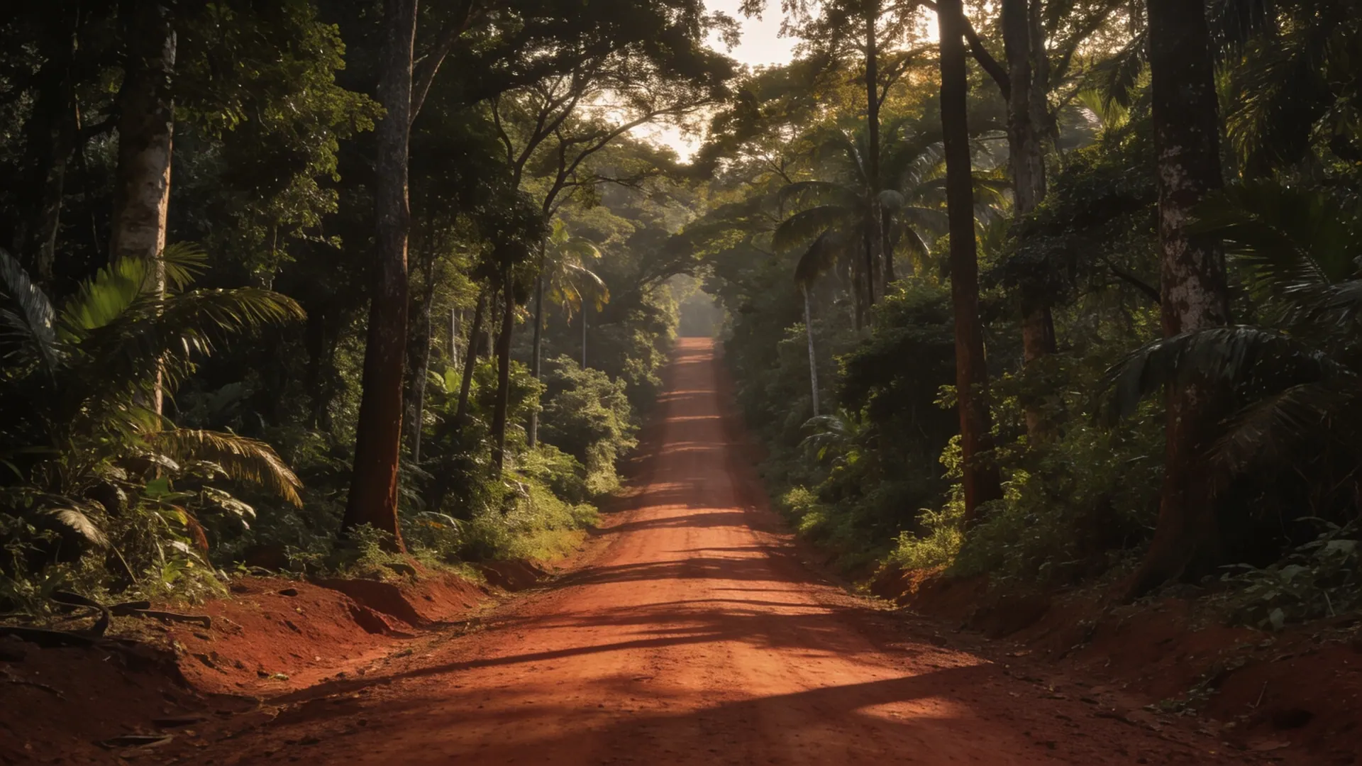 Estrada de terra vermelha reta entre a mata, luz de fim de tarde
