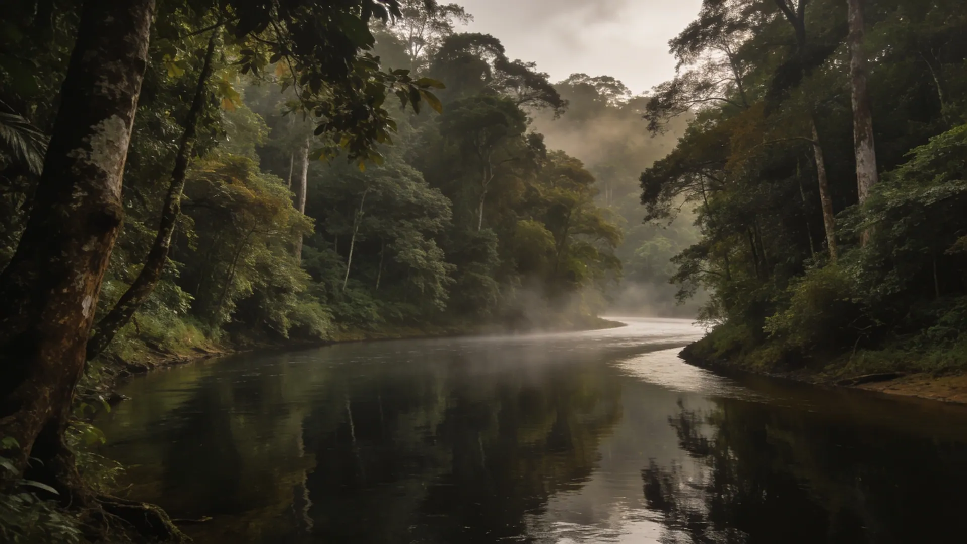 Curva de rio dentro da mata, água parada refletindo as árvores, névoa fina
