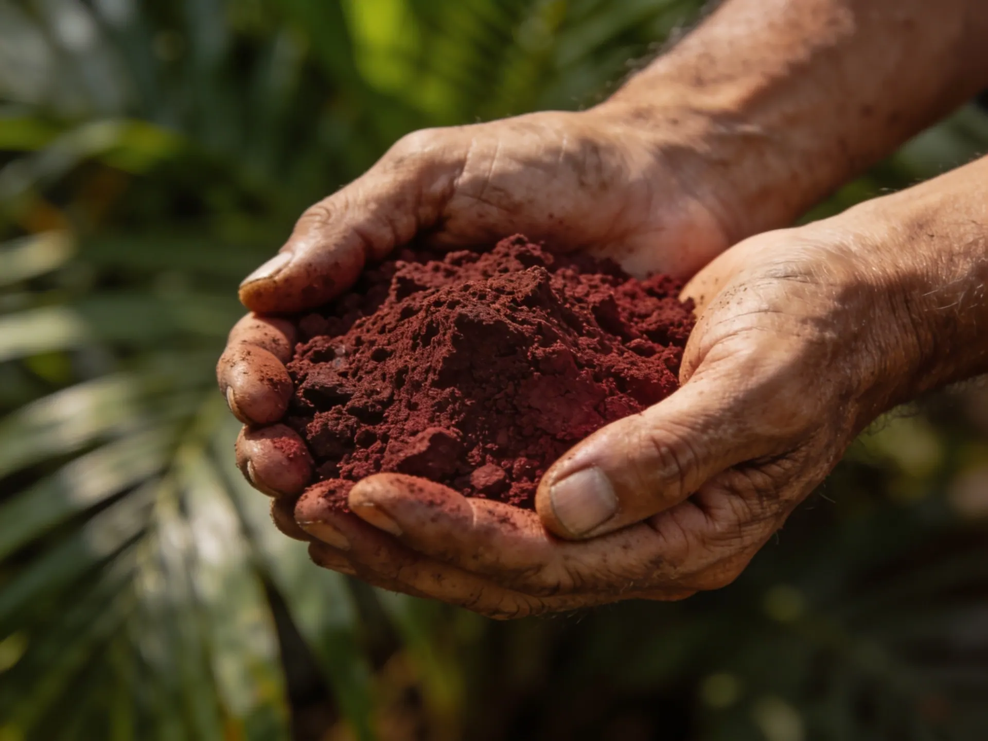 Mãos segurando um punhado de terra vermelha, folhas ao fundo
