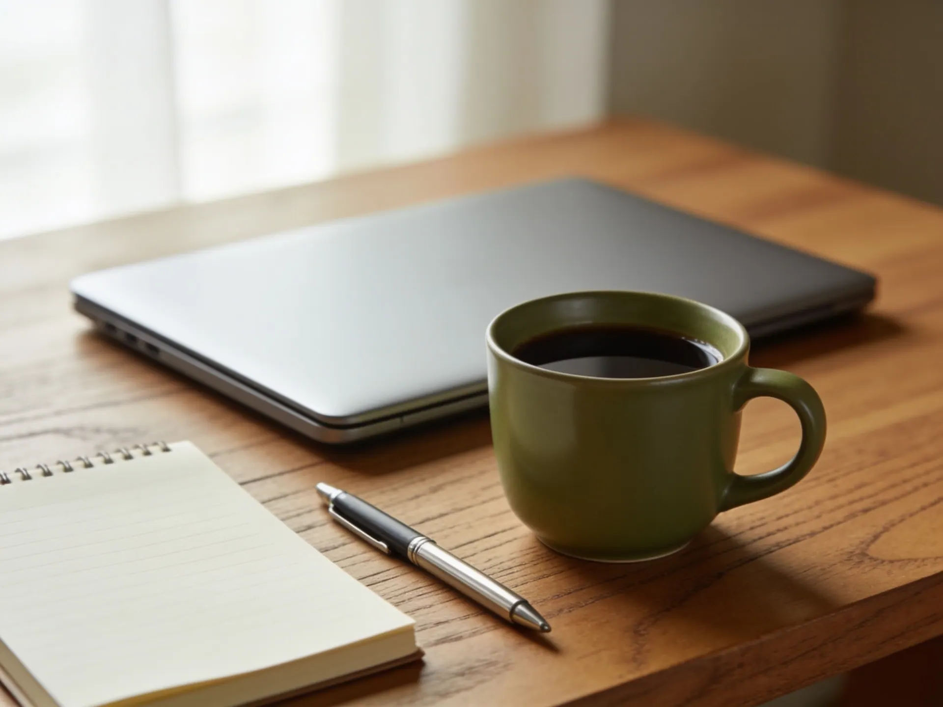 Mesa de madeira com notebook fechado, caneca de café e bloco de notas