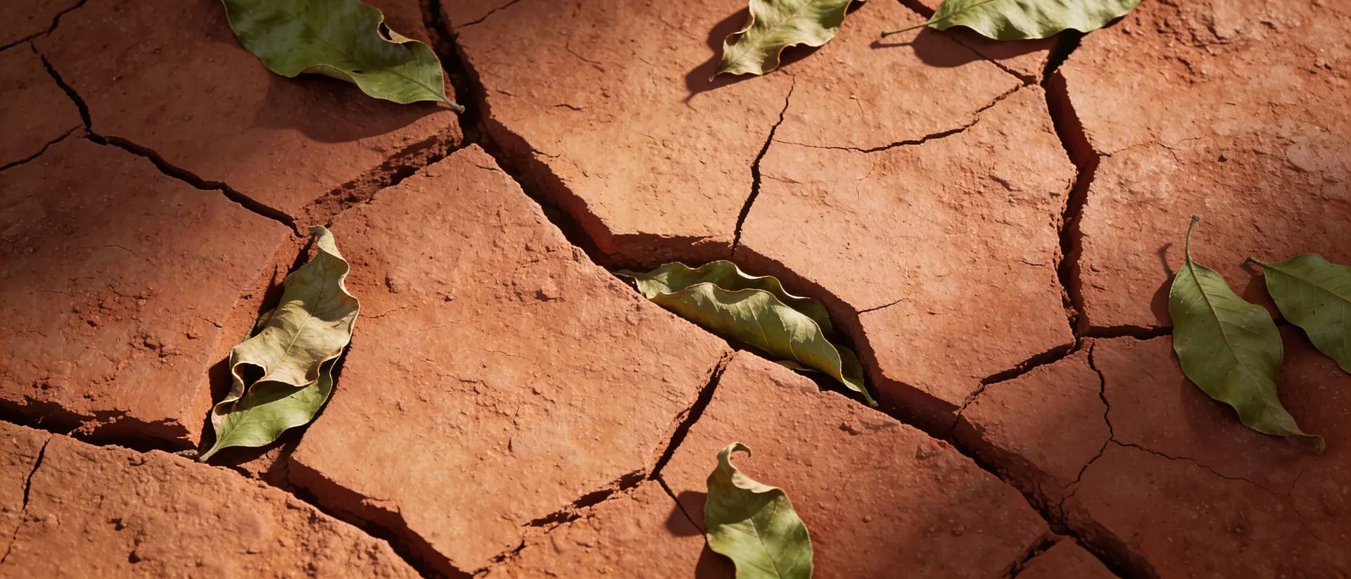 Terra vermelha seca, rachada, com folhas caídas
