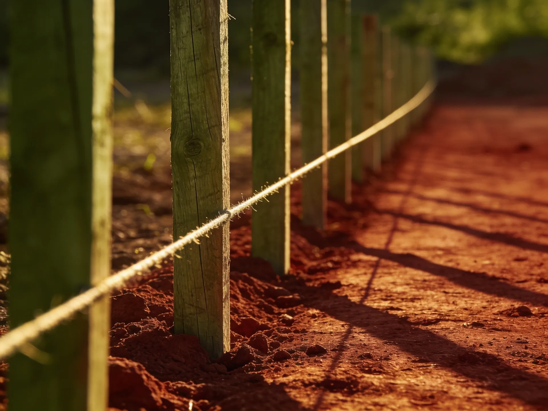 Linha de pedreiro esticada entre estacas de madeira sobre terra vermelha, ao fim da tarde