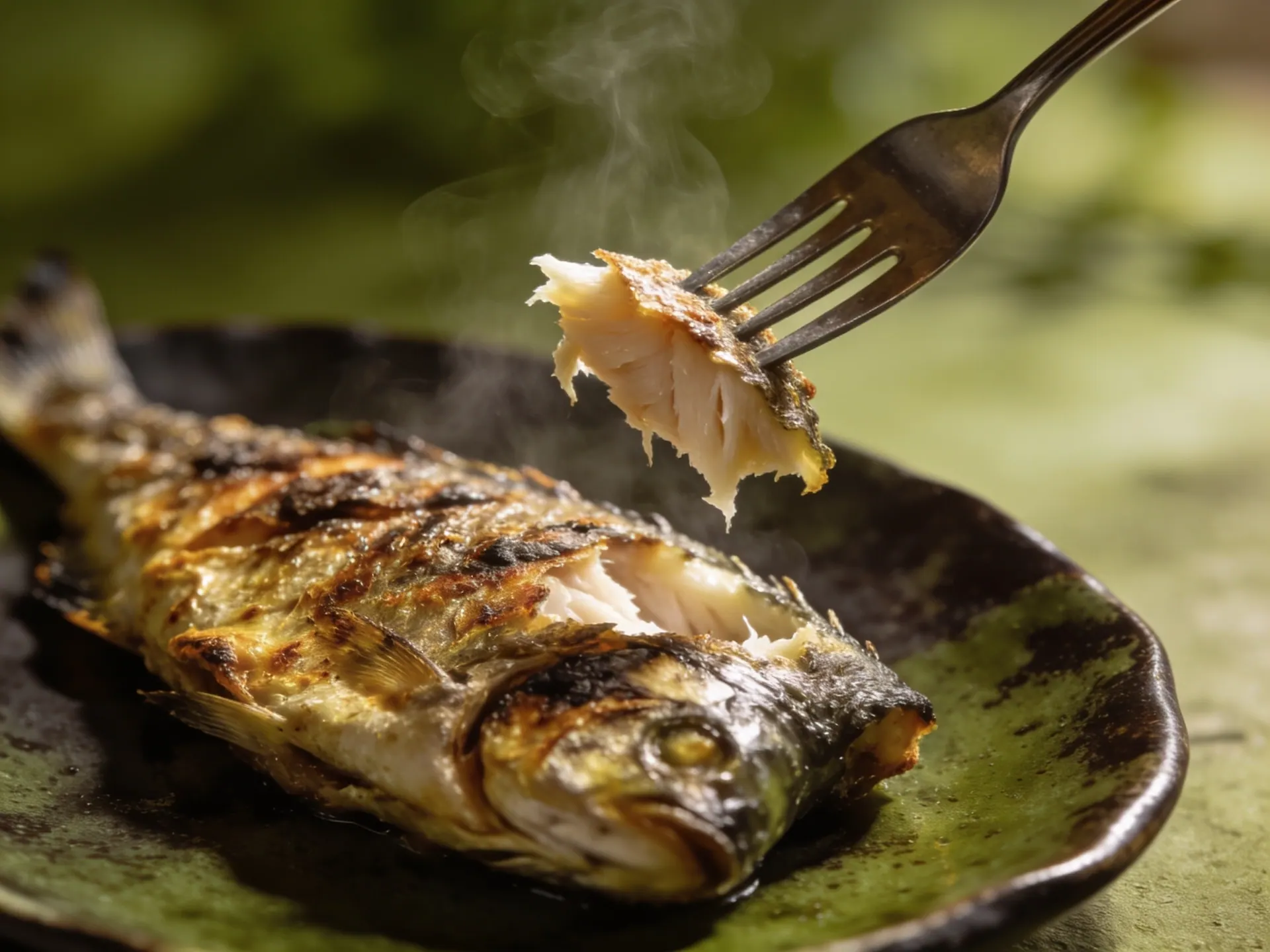 Garfo levantando uma lasca de peixe grelhado, com vapor, sobre prato escuro
