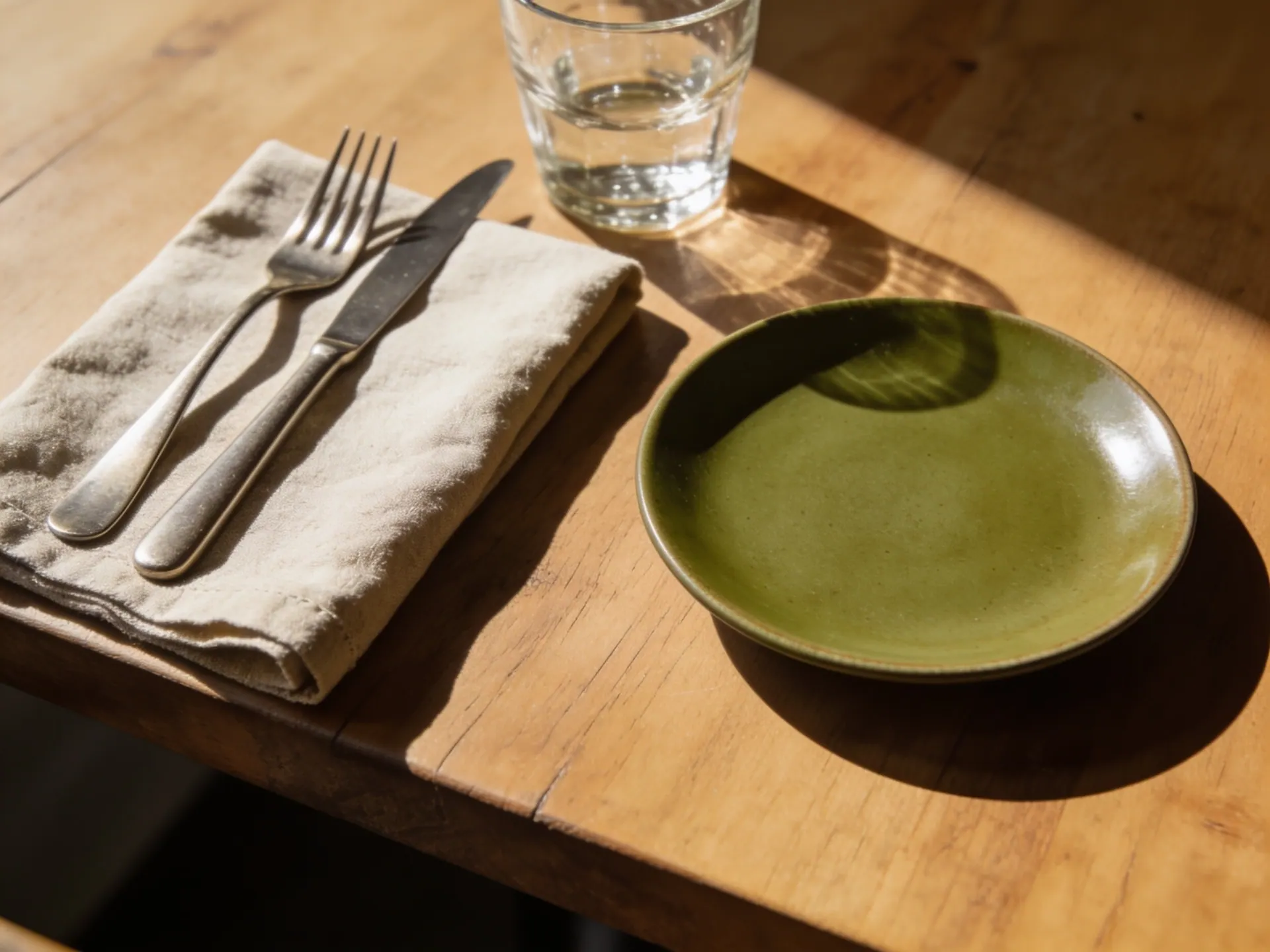 Canto de mesa posta ao meio-dia, com guardanapo de linho, talheres e copo de água