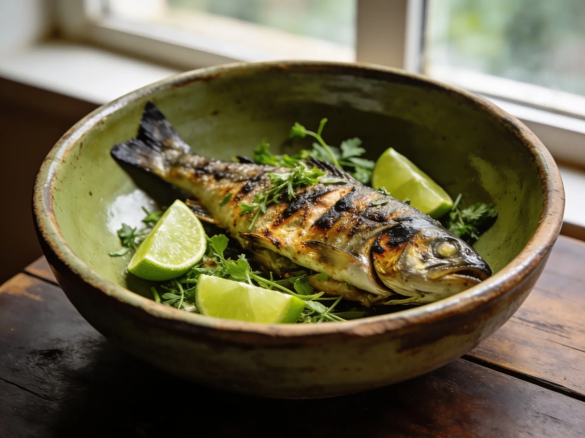 Peixe grelhado inteiro numa tigela de cerâmica verde, com limão e ervas, sobre mesa de madeira
